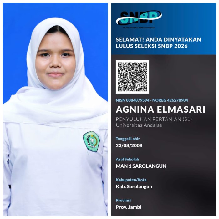 Siswi MAN 1 Sarolangun Lolos SNBP ke Universitas Andalas