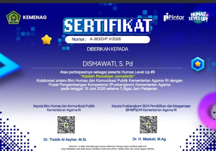 Humas MAN 1 Sarolangun Raih Sertifikat Level Up Jurnalistik
