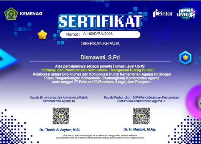 Tingkatkan Kompetensi Strategi Komunikasi, Humas MAN 1 Sarolangun Raih Sertifikat Humas Level Up2