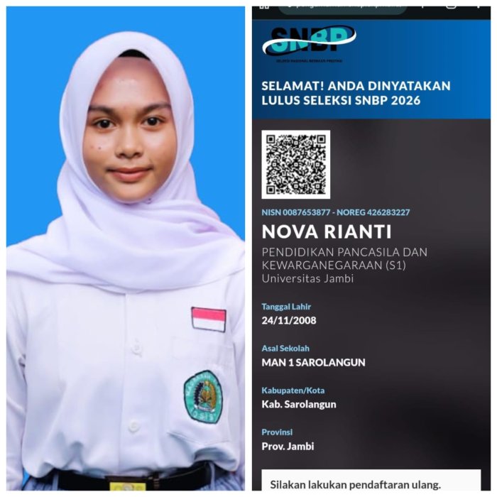 Siswi MAN 1 Sarolangun Lolos SNBP 2026 di UNJA