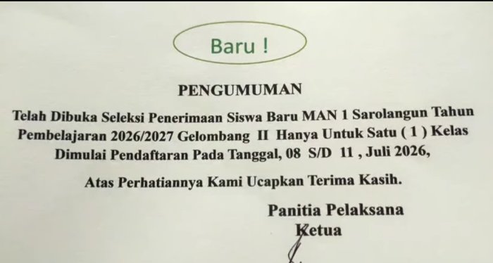 MAN 1 Sarolangun Buka Penerimaan Siswa Baru Gelombang Kedua